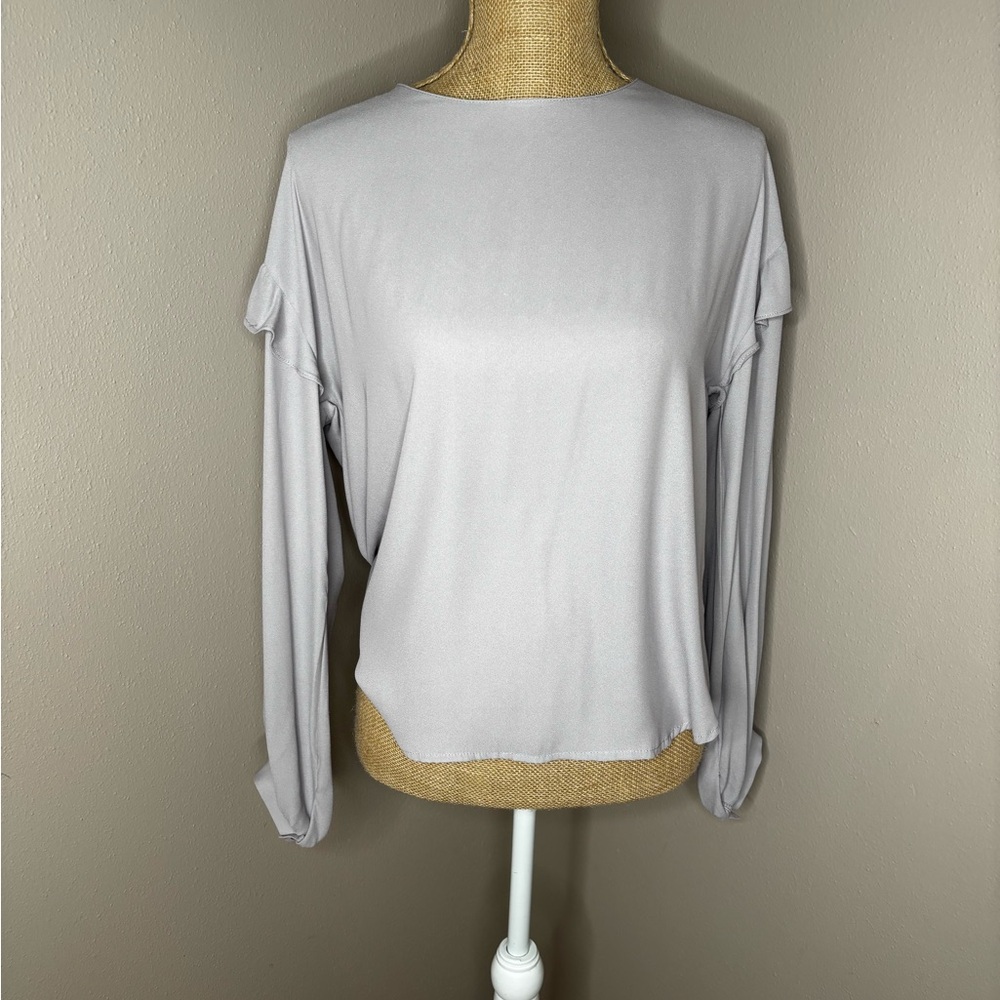 Lush Women's Purple-Gray Blouse with Ruffle Sleeves Key Hole Back Button Size M